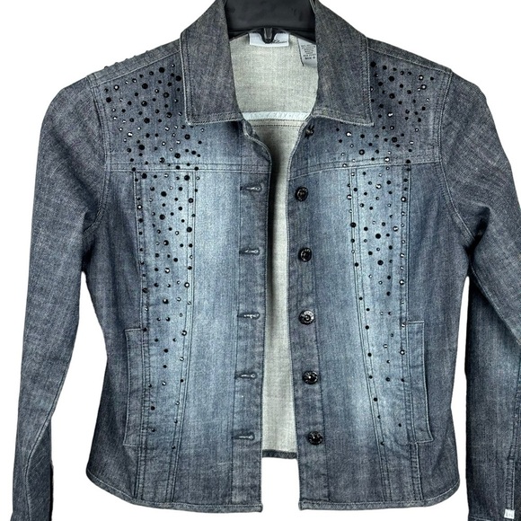 Chico’s Platinum Black Denim Distressed Jacket Black Rhinestones Size Small NEW - Picture 4 of 14